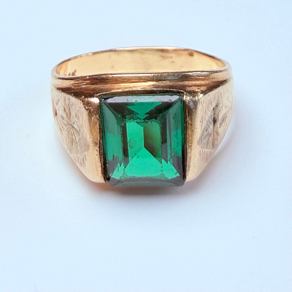 14K Solid Yellow Gold Mens 2.7 CT Green Spinel Solitaire Signet Vintage Ring MCM